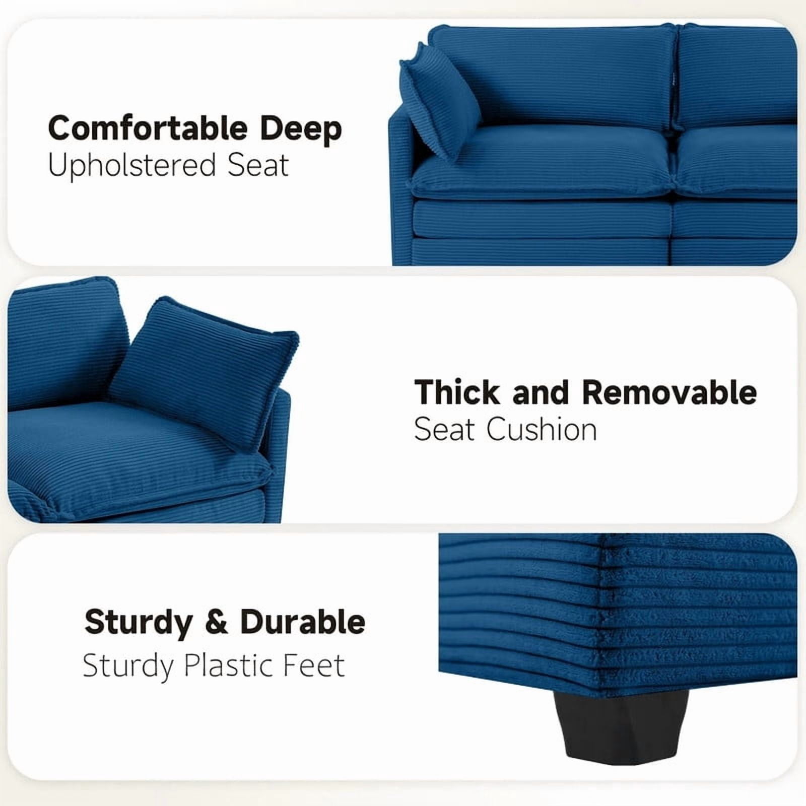 RIAFUN 2-Seat Cloud Loveseat, 78" Oversized Corduroy Modular Sofa, Convertible Deep Seat Couch with Removable Cushions & Pillows, Sturdy Wooden Frame for Living Room, Navy