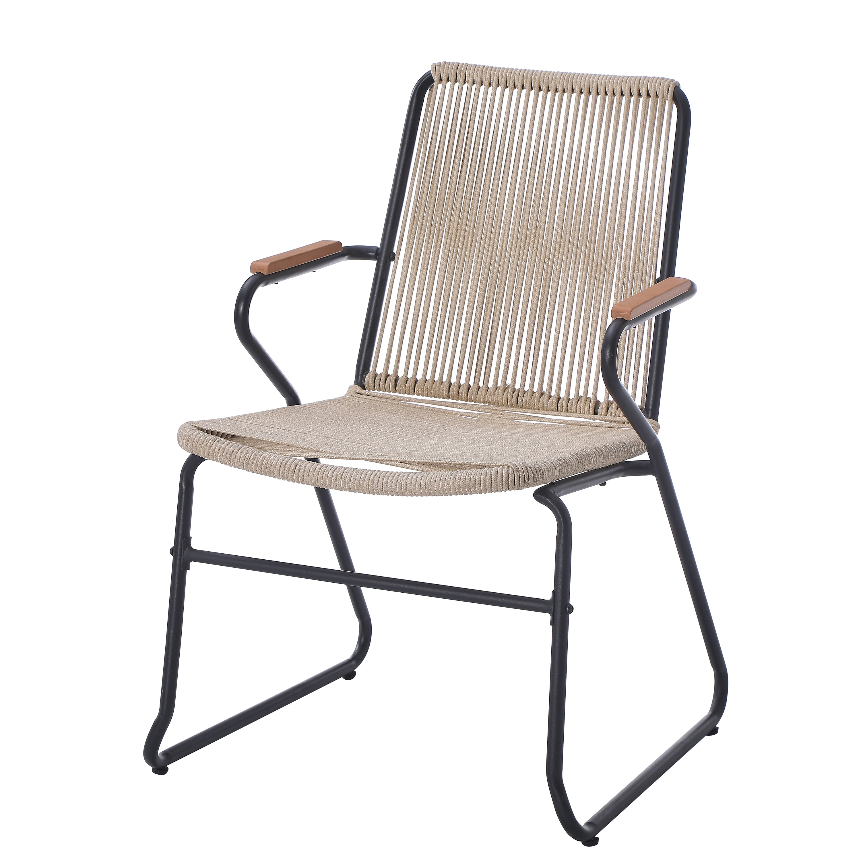 Outdoor Rope Weave Iron Frame Dining Chairs Set of 2 for Patio Garden, Light Brown