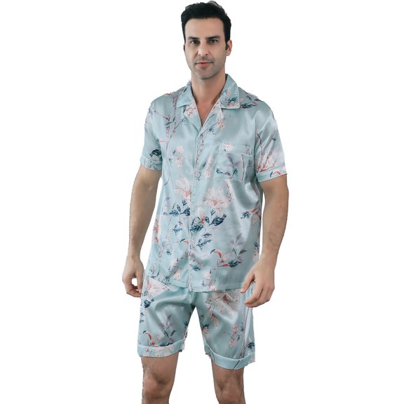 Men Silk Satin Pajamas Set Short Sleeve Button Down Sleepwear Loungewear with Pockets
