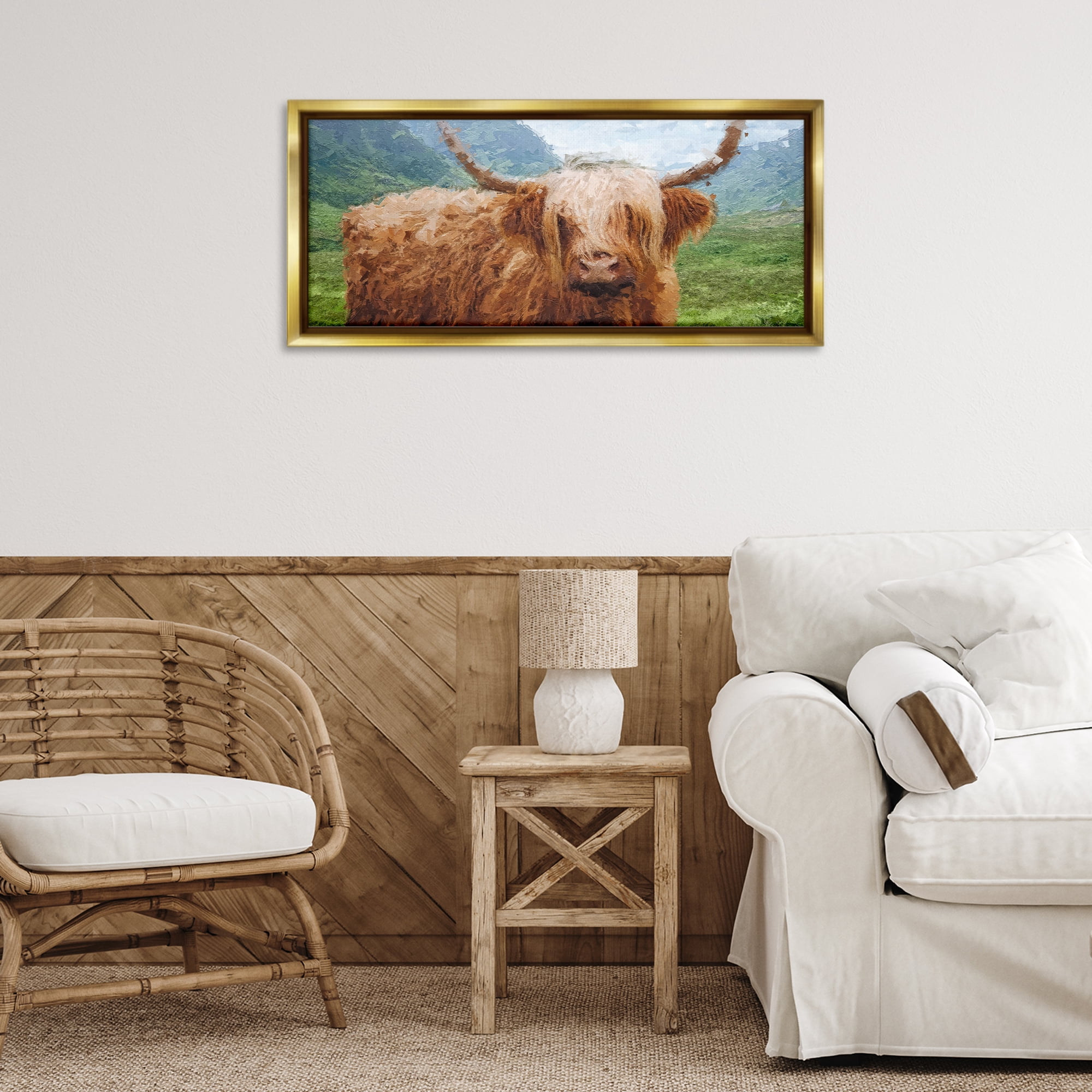 Stupell Industries Impressionist Highland Cattle Animals & Insects Painting Gold Floater Framed Canvas Art Print Wall Art, 31 x 14
