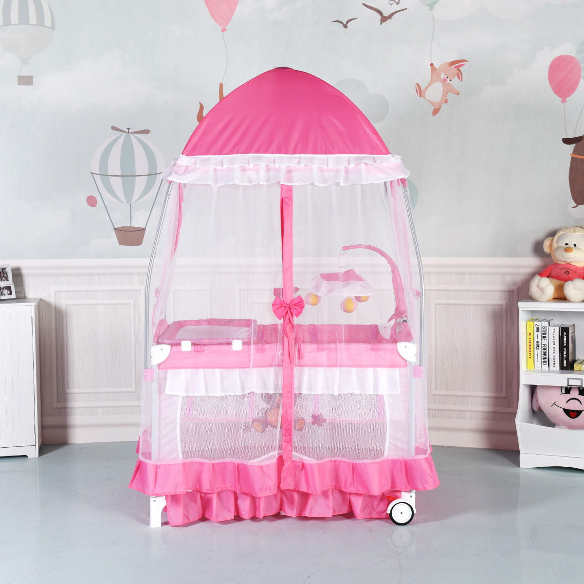 Pink Cute Whirling Toys BABY JOY Portable Playard Wheels & Brake Music Box Travel Ready with Oxford Carry Bag Changing Table Convertible Baby Playpen with Removable Bassinet Mosquito Mesh Net 