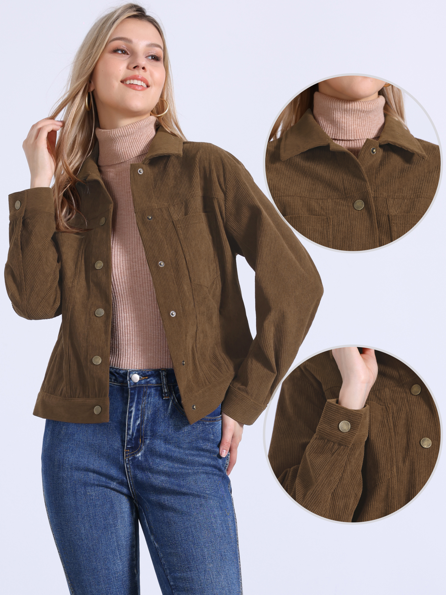 DARING DIVA Women's Corduroy Long Sleeve Button Down Shacket Jacket L Brown