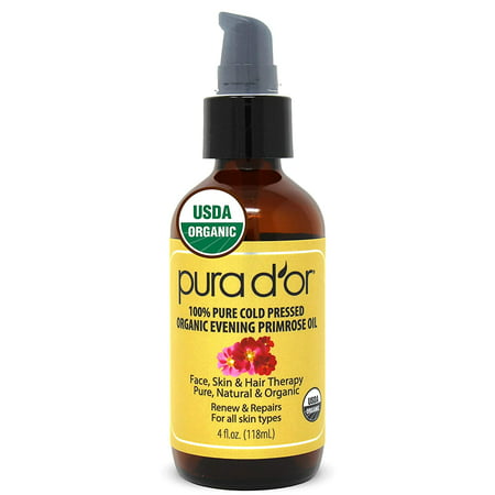PURA D'OR Organic Evening Primrose Oil (4oz) 100% Pure Cold Pressed w/Natural Essential Fatty Acids & Antioxidant Rich - Moisturizes, Rejuvenates, Renews & Restores - Skin, Hair & Face