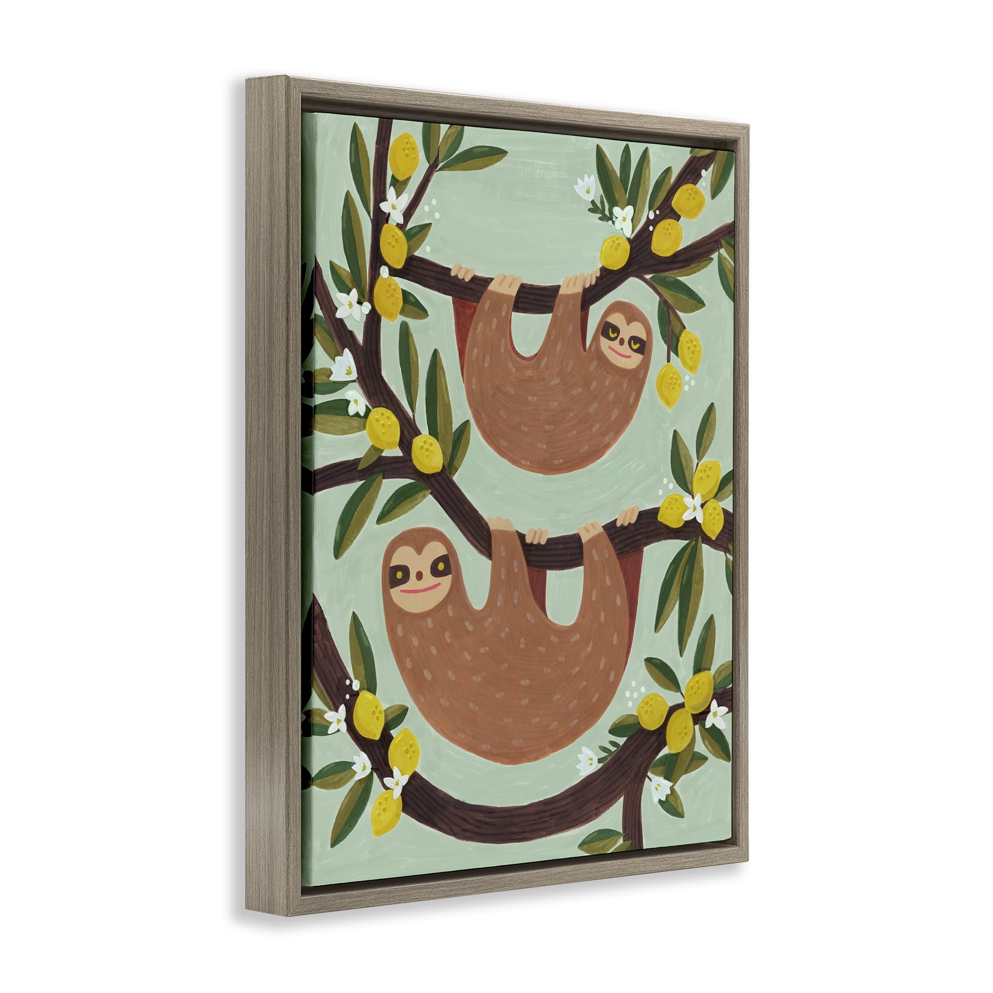 Stupell Industries Sloths on Lemon Tree Branches Animals Painting Brown Floater Framed Canvas Art Print Wall Art, 17 x 21