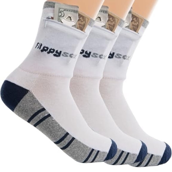 Flippysox Zipper Sock Wallet (3 Pack) - Cotton & Polyester Zipper Socks with Pockets - Fits shoe size 6-13 - Blue/Grey
