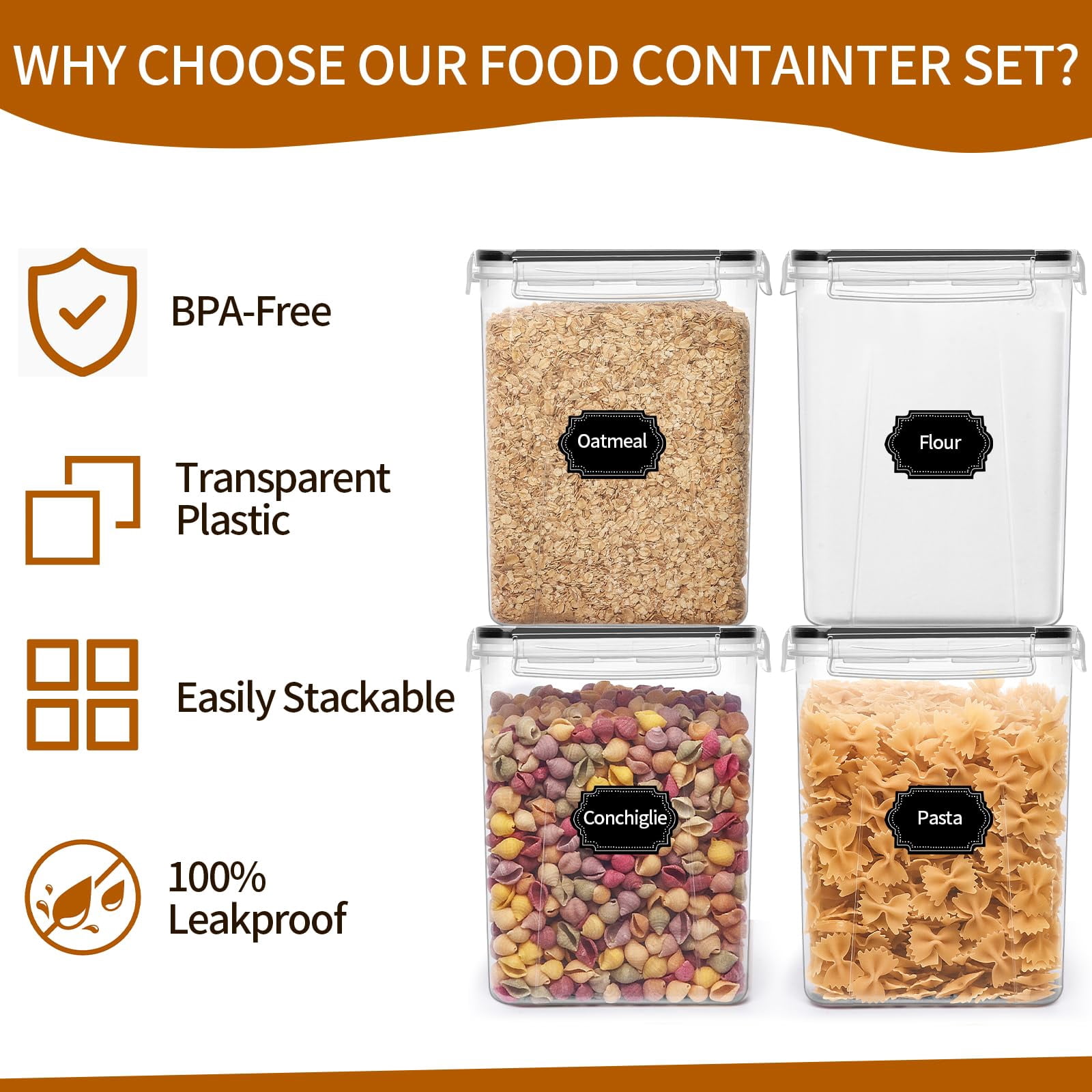 4 Pack 5.2L Airtight Food Storage Containers with Lids for Kitchen Pantry Organization