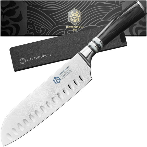 Kessaku Santoku Knife - 7 inch - Ronin Series - Razor Sharp Kitchen Knife - Forged 7Cr17MoV High Carbon Stainless Steel - Granton Edge - Wood Handle with Blade Guard