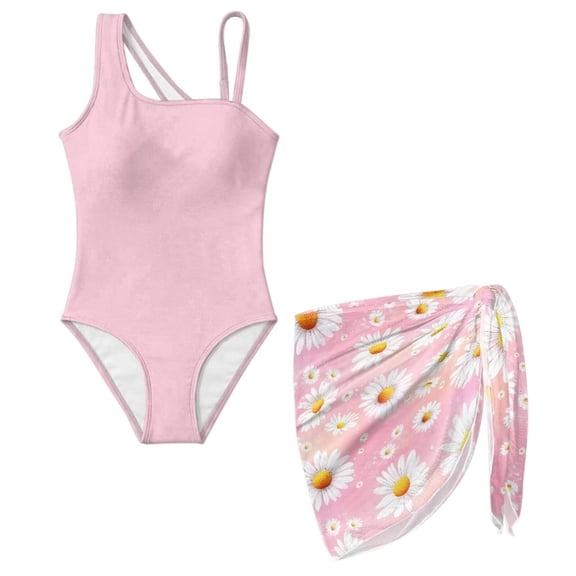 SEANATIVE Girls One-Piece Swimsuits with Mesh Cover-up Skirt One-Piece Bathing Suits Back Cutout Stylish Stretch Swimwear for Kids Teenagers, Size 7-8, Pink Daisy