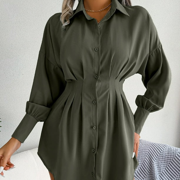 Camisa De Vestir Vestido de blusa con botones de verano Mini vestido de color solido para el trabajo verde militar XL Cgtredaw Para estrenar Walmart en linea
