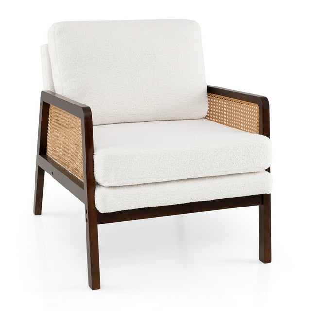 Costway Mid Century Modern Accent Chair Living Room Armchair with Rattan Arms Wooden Frame Brown