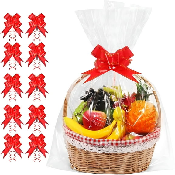 CCOCC 20 Pcs Clear Cellophane Bags Large (24 in x 30 in),3 Mil Thicker Cellophane Wrap for Gift Baskets,Celofan Plastic Gift Bags with Red Bows Ribbon