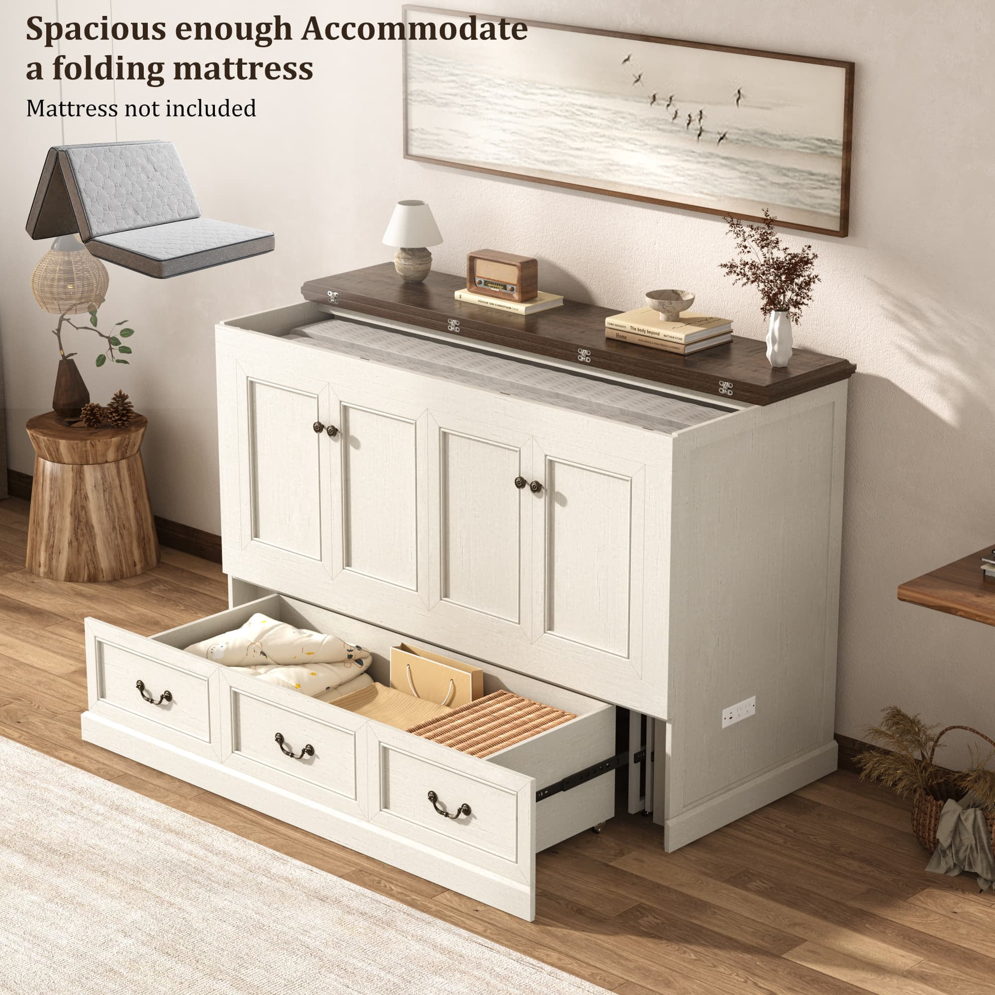 Queen Size Murphy Cabinet Bed with Large Drawer and Power Charging Station,Farmhouse Chest Bed for Living Room/Guest Room, No Wall Mounting Required
