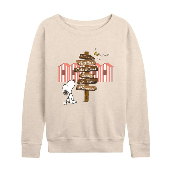 Peanuts - Summer Edition - Snoopy Looking for a Destination on Sign - Women's Lightweight French Terry Long Sleeve Shirt
