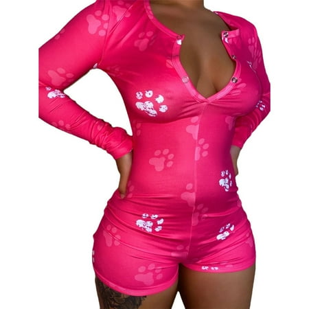 

Women V-neck Long Sleeve Cute Printing Casual Shorts Jumpsuit Pajamas