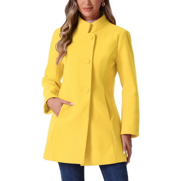 Abrigo de mujer INSPIRE CHIC de longitud media, con cuello alto, de un solo botón, abrigo de invierno, color amarillo, talla S