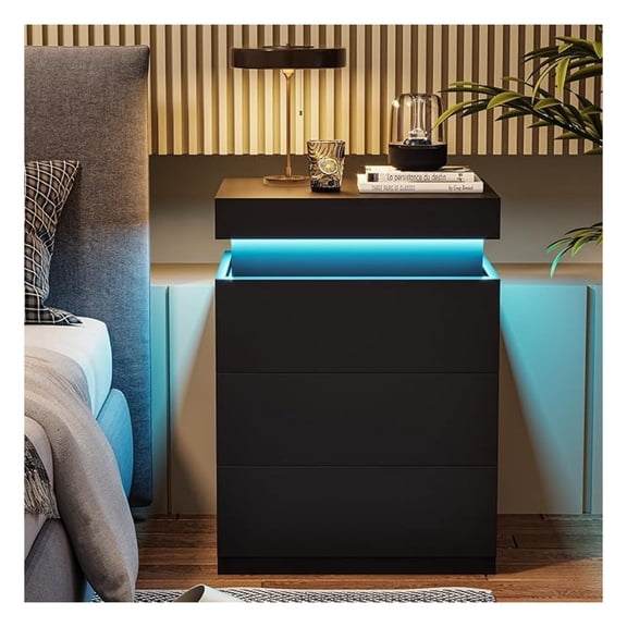 Nightstand with Charging Station & LED Lights, Modern Bedroom End Table with Sliding Drawer, Black Bedside Table with USB Ports