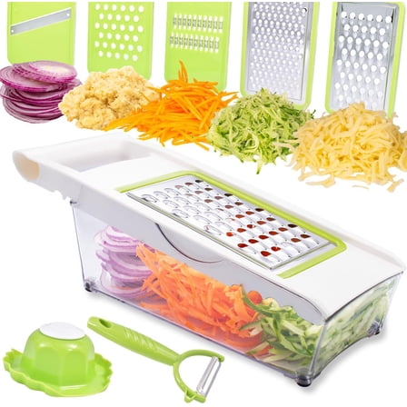 MY Cheese Grater with Container,5 In 1 Mandoline Slicer for Kitchen,Multi Purpose Vegetable Slicer, Easy to Clean Vegetable Chopper,Cheese Shredder,Julienne Slicer and Peeler