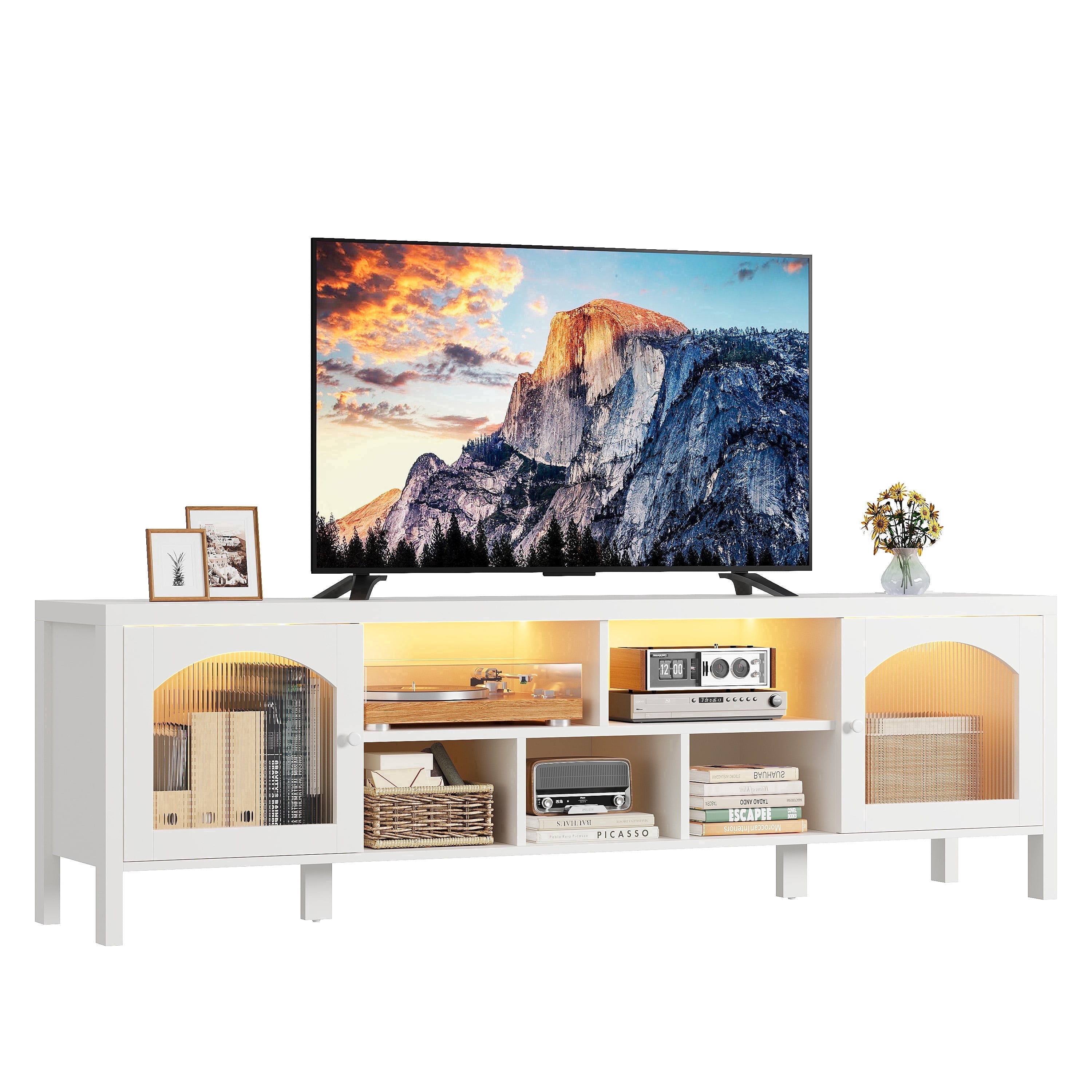 IRONCK LED TV Stand for TVs up to 85", Entertainment Center with Power Outlet and Storage Cabinet, 70.8-Inch
