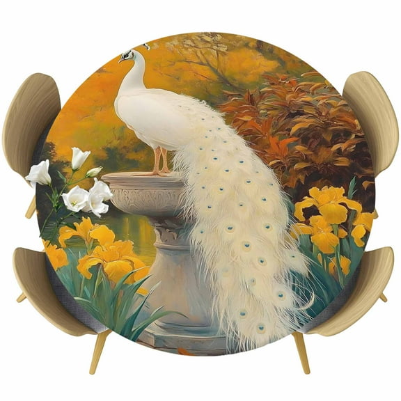 White Peacock Elegance Round Tablecloth 55-60 Inch Round Fitted Table Cloth with Elastic Edge, Retro Botanical Garden Floral Waterproof Table Cover Protector for Outdoor Picnic Party Dining