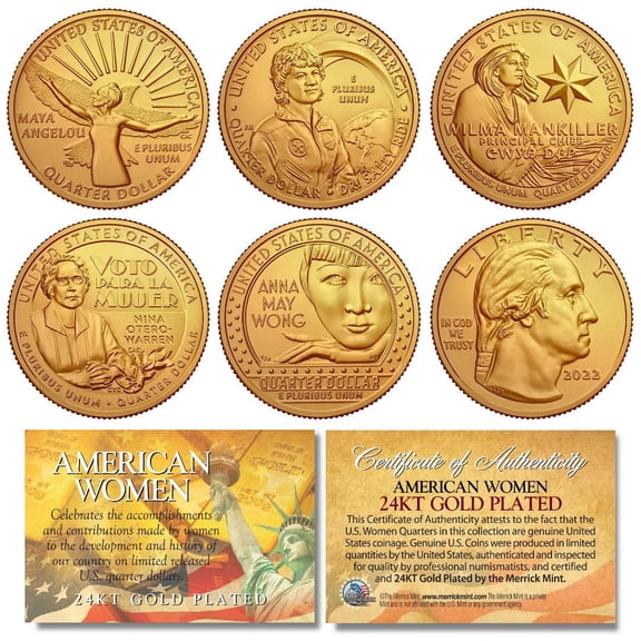 2022 24K GOLD Plated AMERICAN WOMEN Quarters 5-Coin Genuine US Mint Full Set