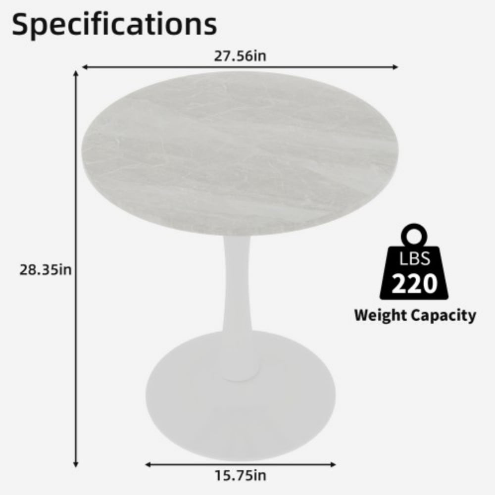 27.6" Round Coffee Table, White Veined Marble-Look Top with White Pedestal Base, Mid-Century Modern Dining Table for 2-4, Living Room