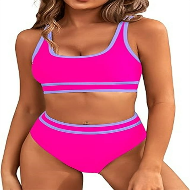 Women's High Waisted Bikini Sets Sporty Two Piece Swimsuits Color Block Cheeky High Cut Bathing Suits-Hot Pink