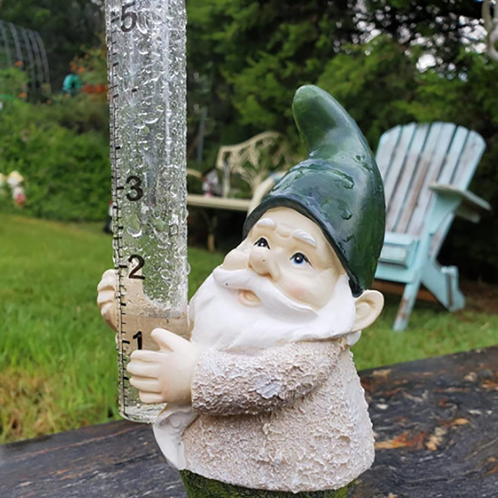 Rain Gauges Outdoor Gnome Figurine Bits and Pieces Hand Painted Water Gauge for Rain in Patio Lawn Yard Garden Decor Rain Resistant Polyresin Statue Little Gnome 