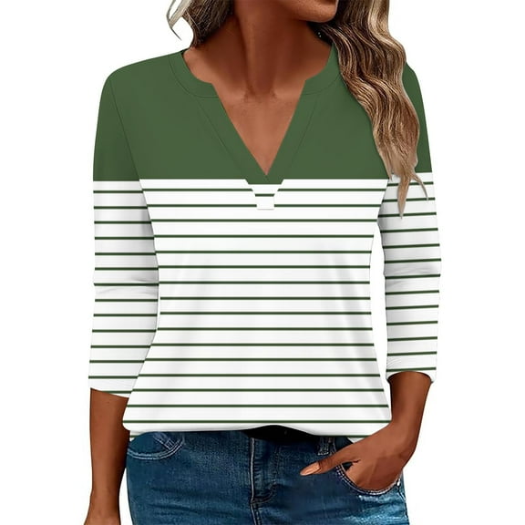 Scyoekwg 3/4 Length Sleeve Womens Tops Casual V-Neck Three-Quarter Sleeve Tshirt Dressy Casual Blouse Lightweight Loose Tshirt Tops for Women Trendy Striped Blouses (Green,XXL)