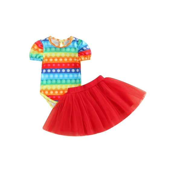 Franhais 2 Pcs Infant Girls Dot Print Puff Sleeve Round Neck Romper + Solid Color Tulle Skirt
