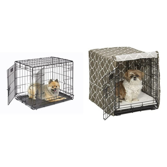 MidWest iCrate 24&quot; Double Door Folding Metal Dog Crate w/ Divider Panel &amp; Cover, Black &amp; Brown Geometric Pattern, 24L x 18W x 19H Inches, Small Dog Breed