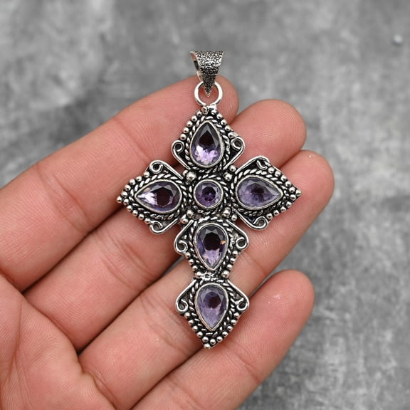 Amethyst Pendant 925 Sterling Silver Polished Pendant Amethyst Gemstone Pendant Cross Pendant Handmade Pendant Jewelry Amethyst Jewelry Gift for Her