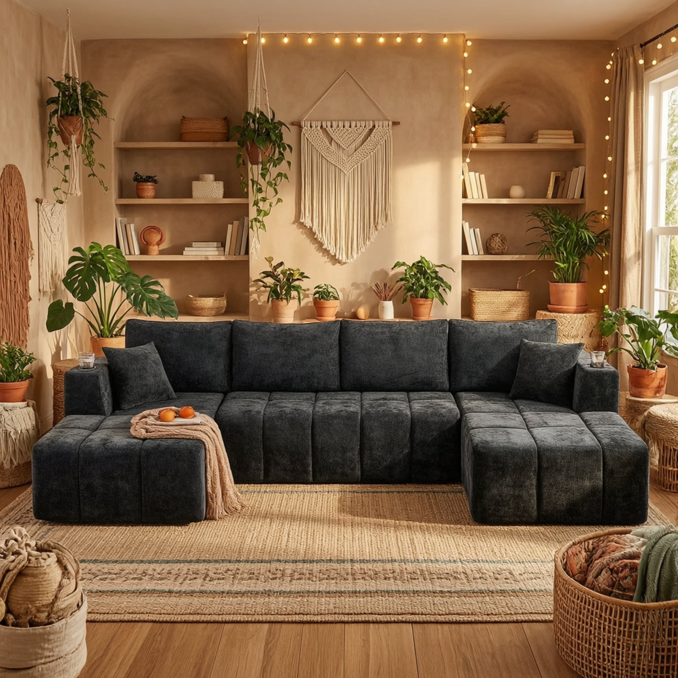 Vinform 132" U-Shaped Modular Sectional Cloud Sofa with 2 Cup Holders for Living Room, Dark Gray