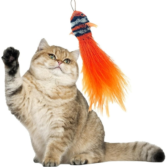 Kat Fly Cat Wand Refill Teaser Toy - Interactive Cat Wand Toy Attachment with Real Feathers Clown Fish (Orange)