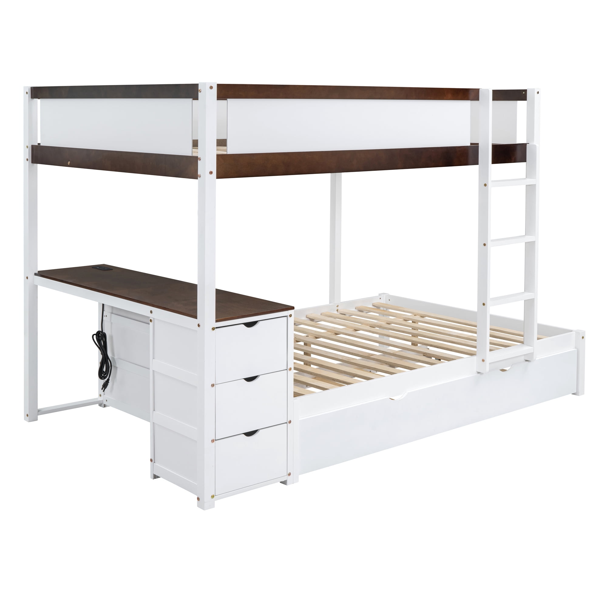Full-Over-Full Bunk Bed with Twin size Trundle and 3 Storage Drawers, Solid Wood Floor Bunk Bed with Desk, Ladder and Guardrails for Kids Teens Adults