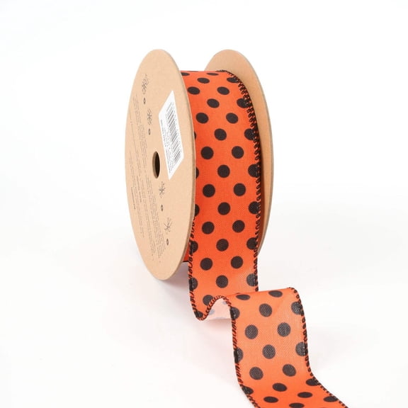 LaRibbons 1 1/2" Faux Linen Wired Ribbon Dot, 10 Yard Roll, Orange