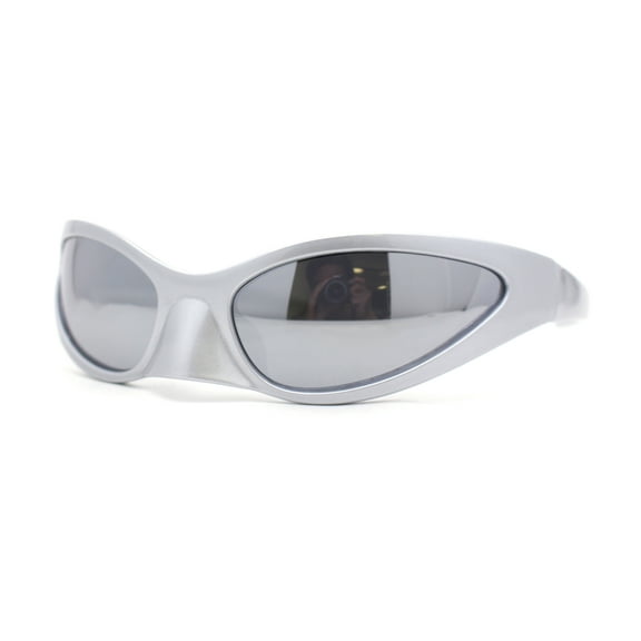 High Fashion Trendy Wrap Around 90s Sport Plastic Sunglasses Silver Mirror