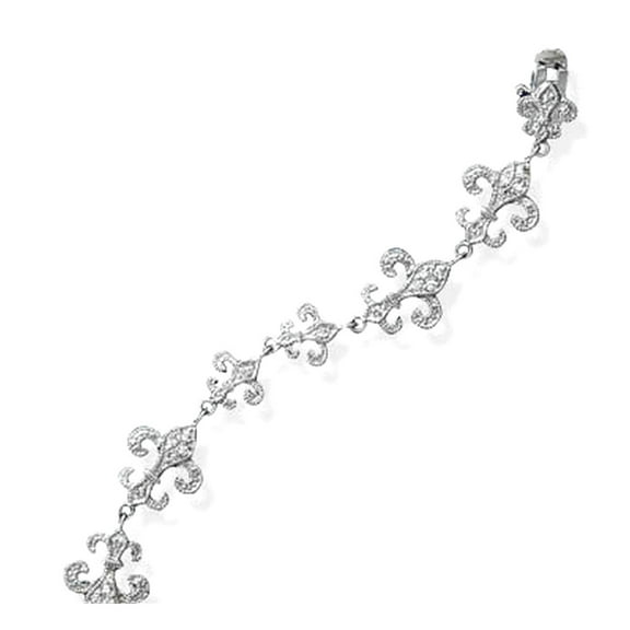 7 Inch Rhodium Plated Bracelet With Alternating Large and Small Cubic Zirconia Fleur- De -lis Links Link Bracelet for Wo