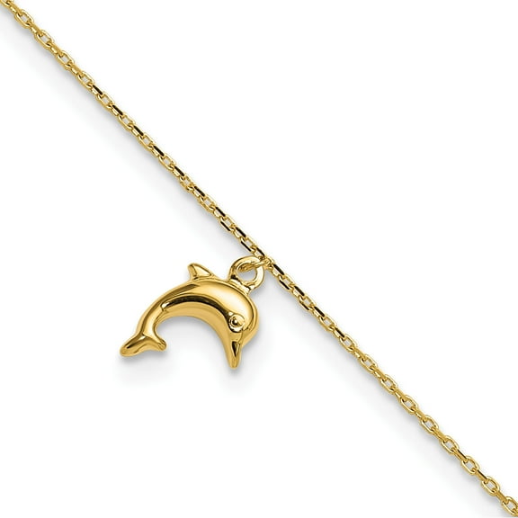 10K Yellow Gold Dolphin Charm 9In With 1In Extension Anklet (Width 9) (Length 9) - Jbsp