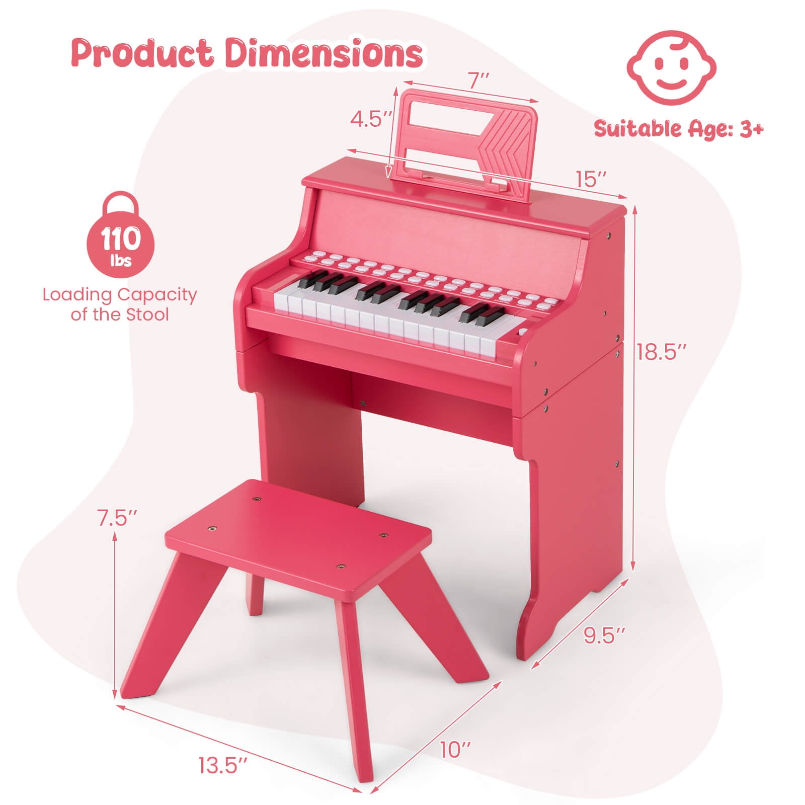 Infans 25 Keys Digital Piano w/Music Stand Stool Lighted Keys Teaching Mode for 3+ Kids