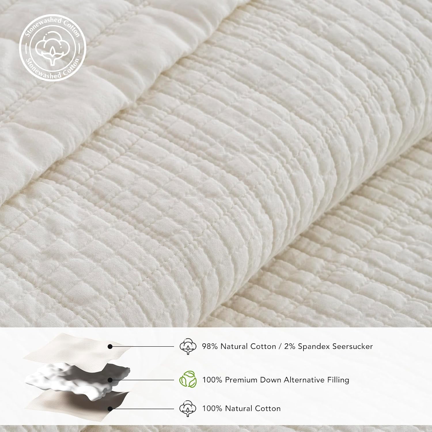 EVERGRACE Stonewashed Cotton Quilt Set King Size, Ultra Soft Oversized Bedspread Coverlet Set, Lightweight Crinkle Box Stitch Bedding Sets for All Season, with 2 Shams, Ivory White