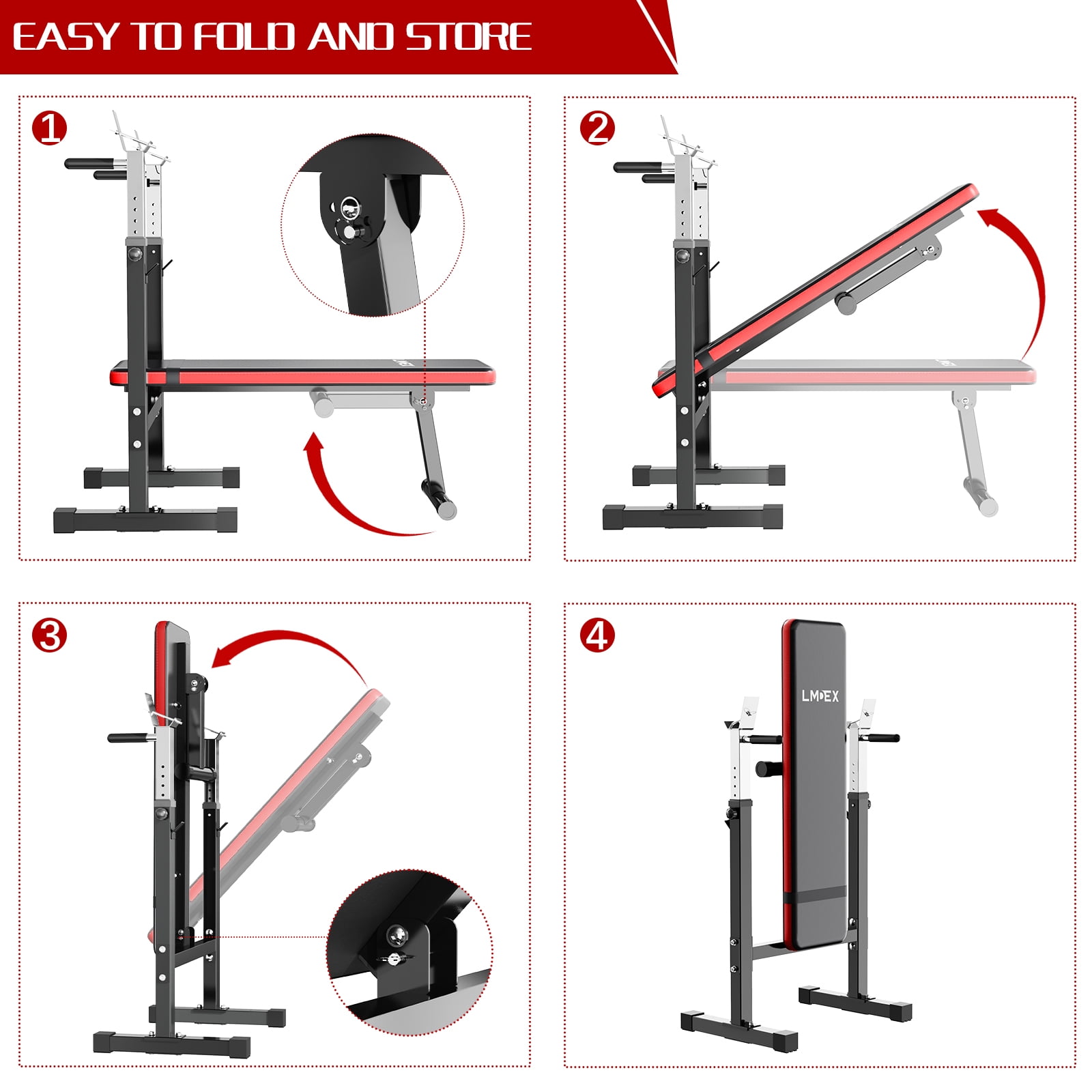 Lmdex Adjustable Weight Bench Press with Squat Rack & Folding Dip Station, Complete Home Gym Set with 150lbs Weight Plates and Curl Bar for Full Body Strength Training (Red）