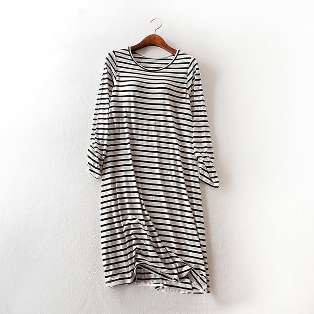 Camisón largo para mujer, a rayas, manga larga, cuello redondo, con sujetador, falda larga hasta la rodilla, ropa de casa, camisón largo para mujer, vestido modal.