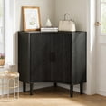 thumbnail image 3 of Fluted Corner Cabinet, Small Floor Storage with Sliding Doors & Adjustable Shelves, Modern Wooden Narrow Organizer, Black, 3 of 9