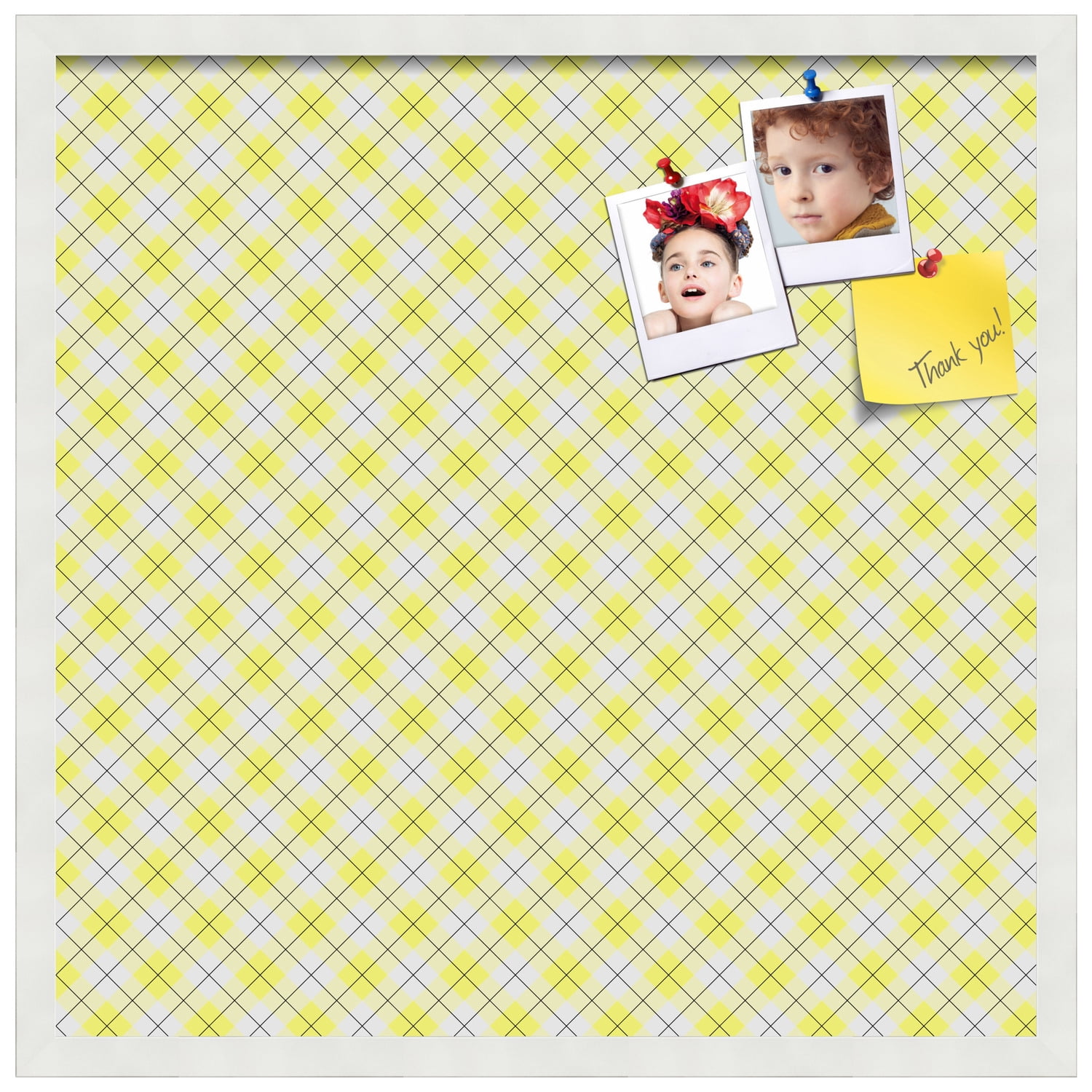 PinPix ArtToFrames 22x22 Custom Cork Bulletin Board Argyle Bright Yellow   Poster Board Has a Fabric Style Canvas Finish, Framed in Satin White Frame (PinPix-647)