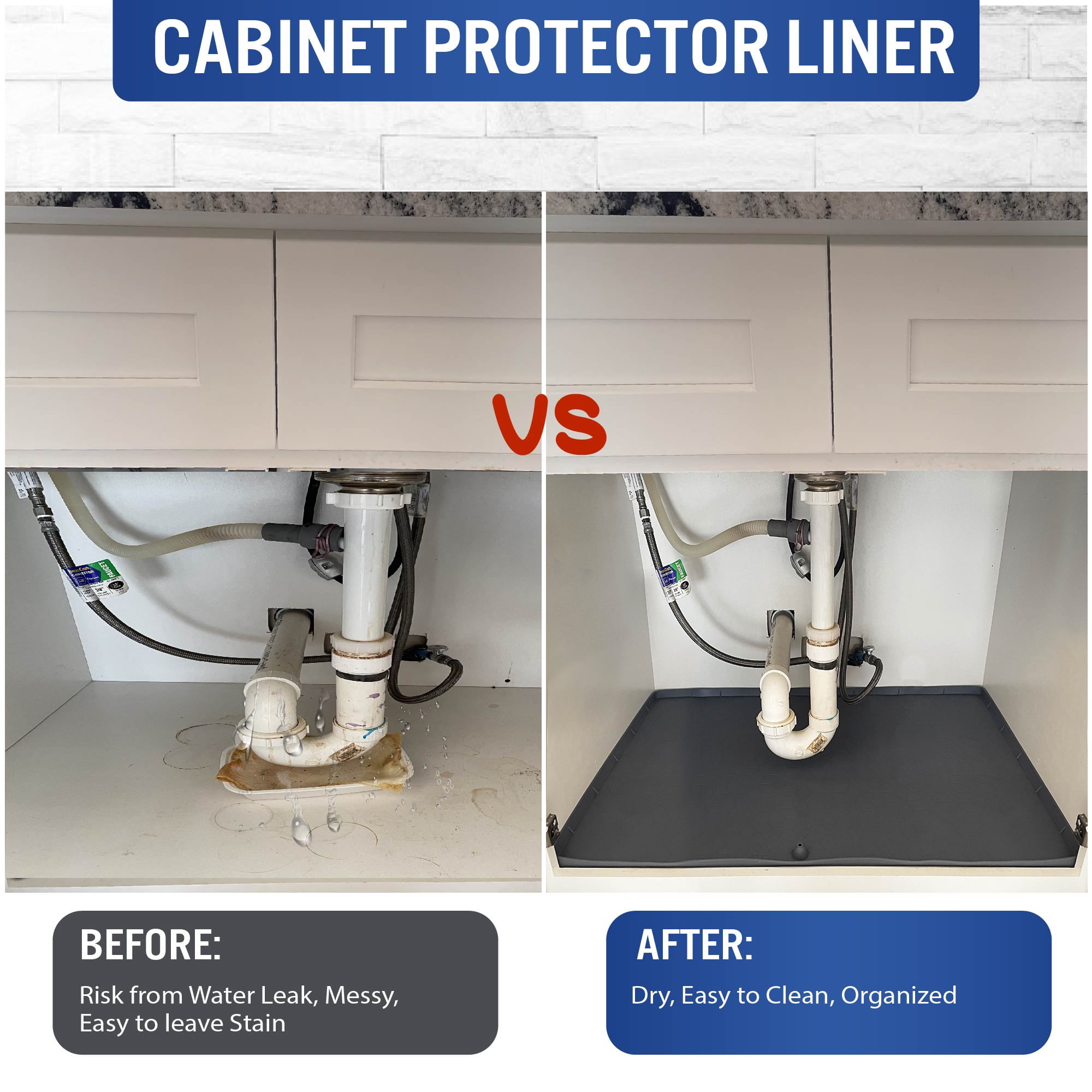 Under Sink Mats for Kitchen Cabinets and Bathroom Sinks 34" x 22" Flexible Silicone Under Sink Liner with Drain Hole Thick Rubber Mat that Protects Cabinet from Sink Leak with bonus Faucet Drip Mat