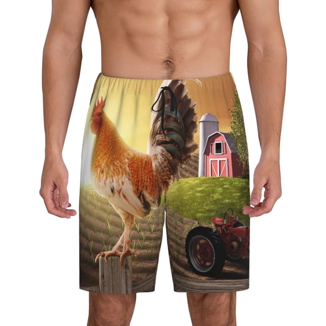 Balery Country Farm Morning Rooster Pantalones cortos de pijama de punto de algodón para hombre con cinturilla y bolsillos-Small