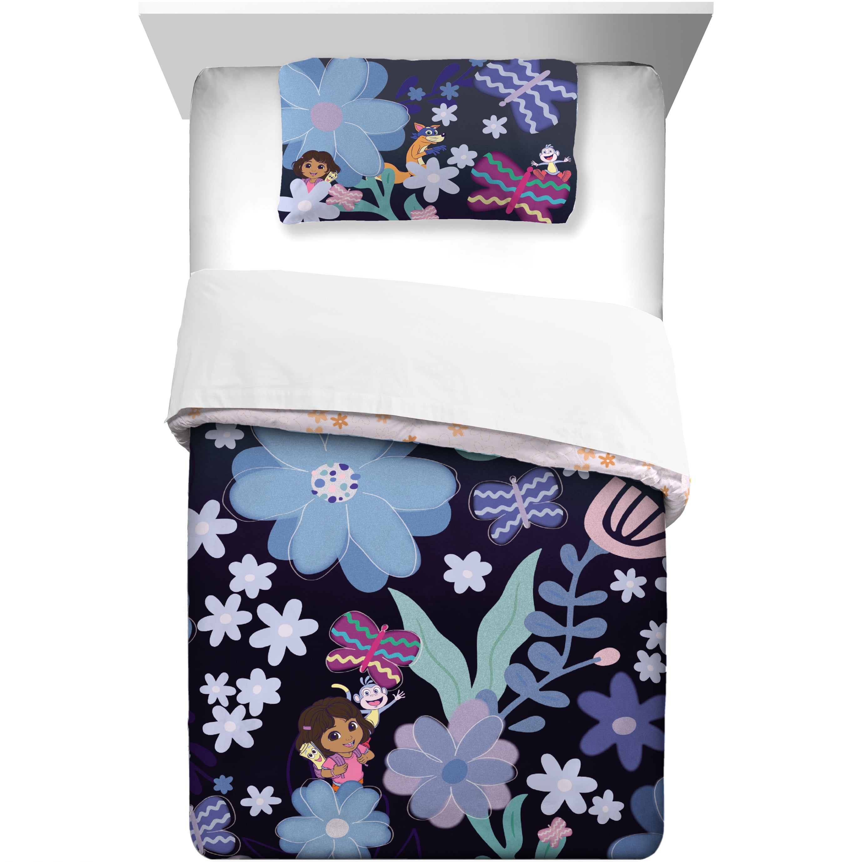 dora♡ Dora Kids 2 Piece Blue Pink Floral Reversible Comforter and