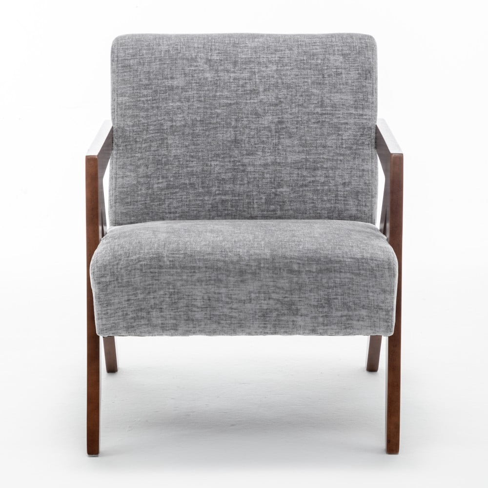 Mid Century Modern Accent Chair, Upholstered Reading Armchair with Rubber Wood Frame, Soft Fabric, Curved Arms for Living Room, Bedroom & Office, Light Gray