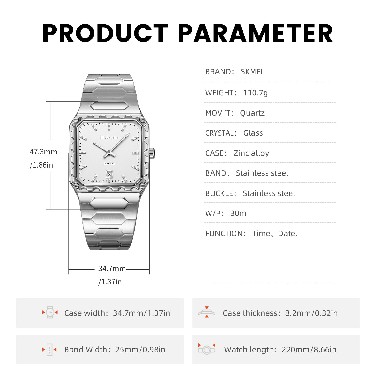 SKMEI Watches for Men Fashion Business Mens Watch Analog Quartz Big Face Luxury Classic Stainless Steel Waterproof Luminous Wristwatch
