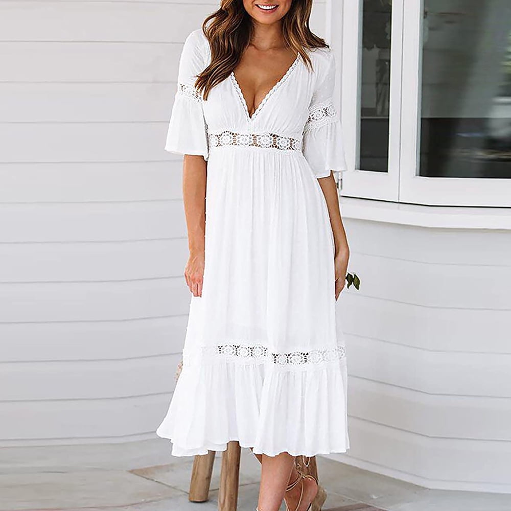 Meldvdib Meldvdib Womens Bohemian Dress Deep V Neck Summer Flowy Long Maxi Dresses Sexy White 